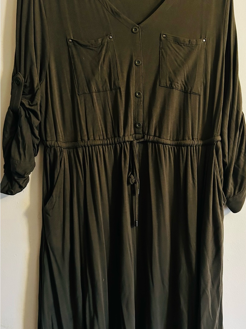 Torrid V-Neck Drawstring Shirt Dress in Olive